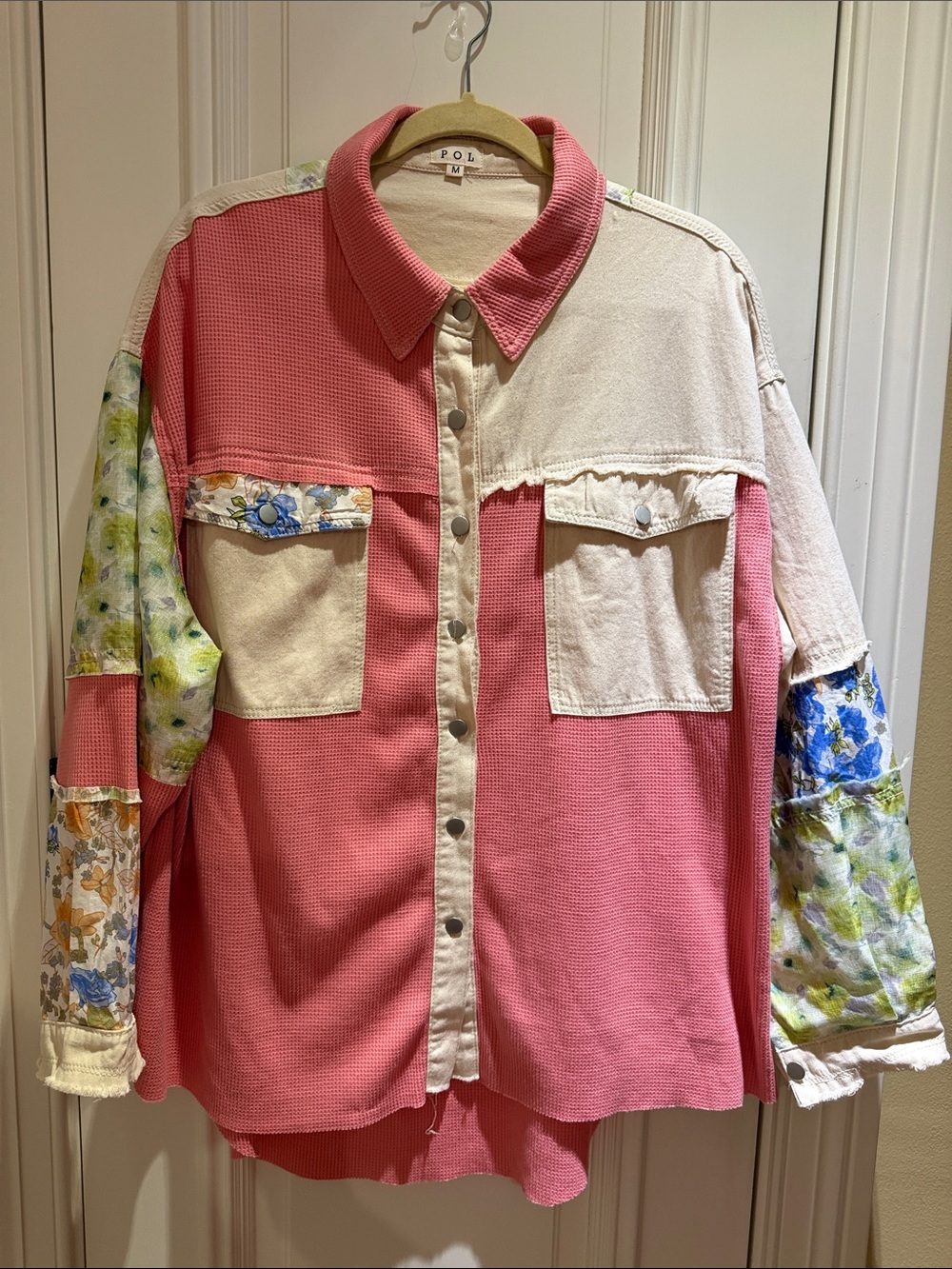 POL Coral/Pink Colorblock Button-Up Shacket w/ Floral Sleeves-NWOT-Sz M